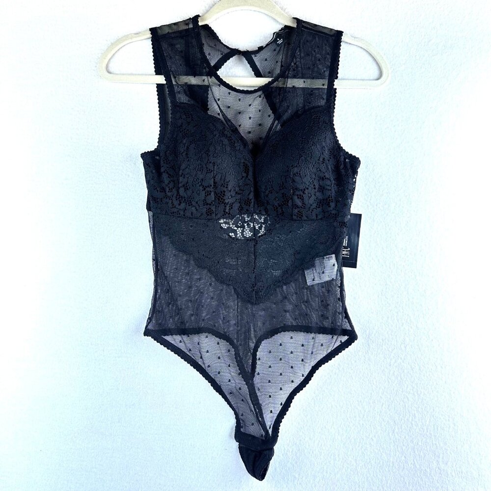 NWT INC International Concepts Bodysuit Women Small Black Mesh Grunge Cheeky